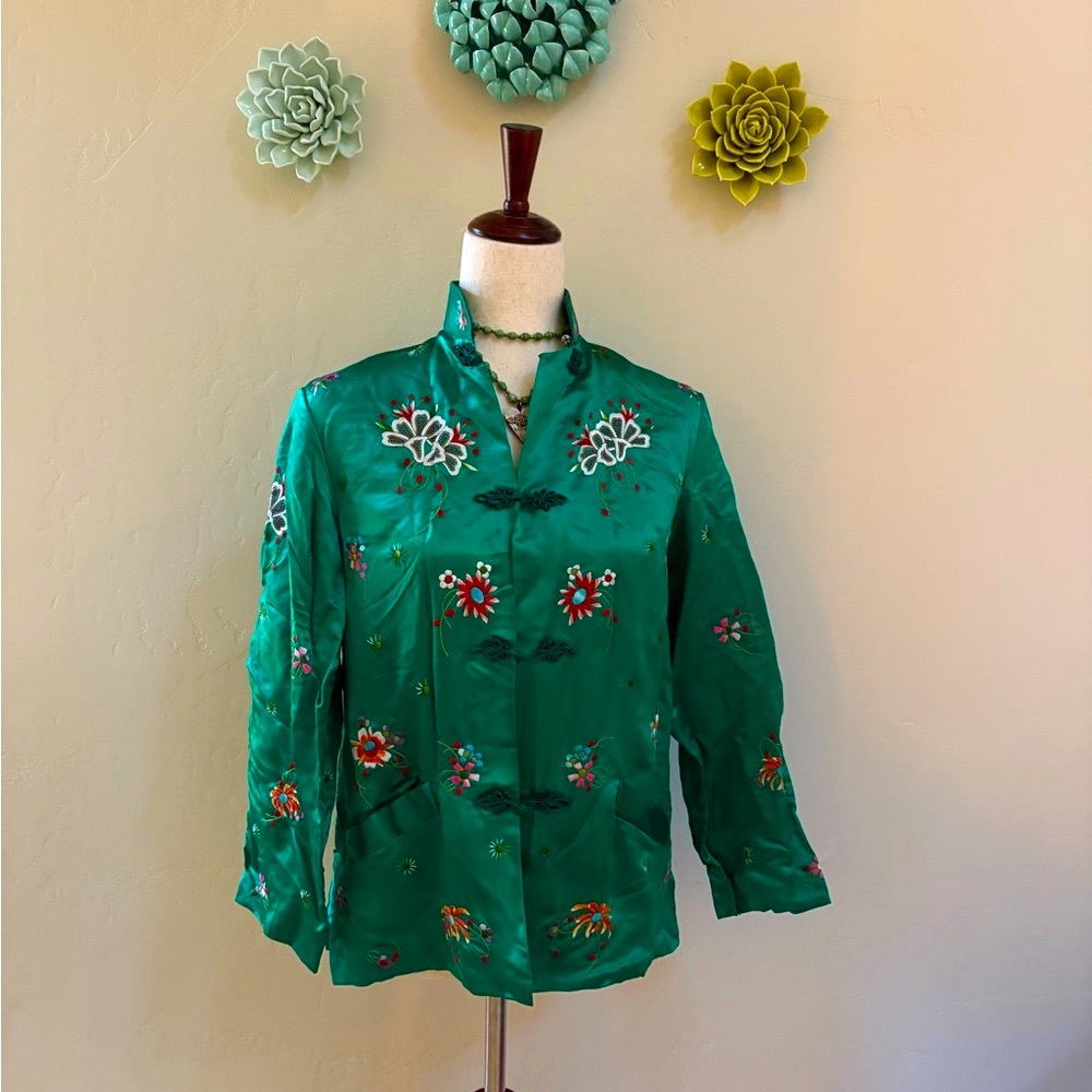 Stunning Emerald Green Vintage Plum Blossoms embroidered silk Jacket 34